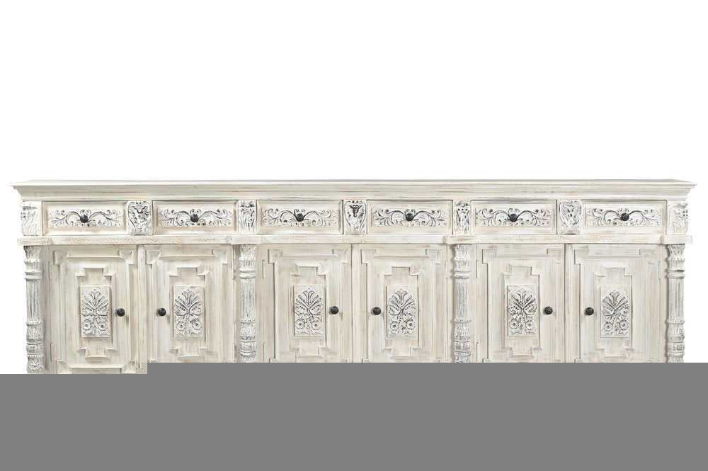 118" White Distressed Solid Wood Carved Floral Six Drawer Sideboard with Six Doors HomeRoots