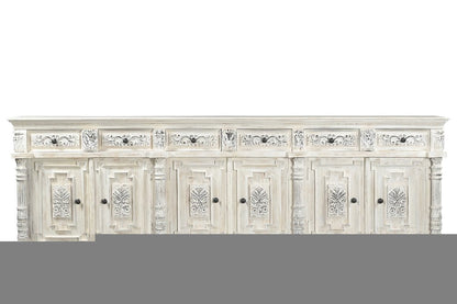 118" White Distressed Solid Wood Carved Floral Six Drawer Sideboard with Six Doors HomeRoots