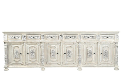 118" White Distressed Solid Wood Carved Floral Six Drawer Sideboard with Six Doors HomeRoots