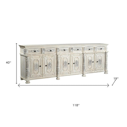118" White Distressed Solid Wood Carved Floral Six Drawer Sideboard with Six Doors HomeRoots