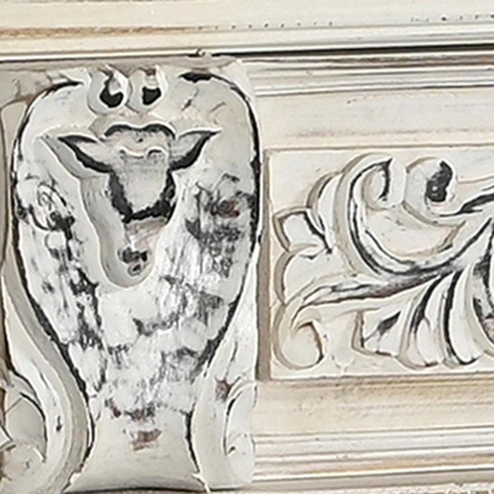 118" White Distressed Solid Wood Carved Floral Six Drawer Sideboard with Six Doors HomeRoots