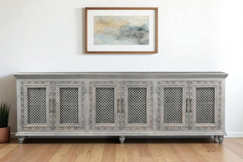 111" Gray Distressed Solid Wood Carved Floral Sideboard with Six Doors HomeRoots