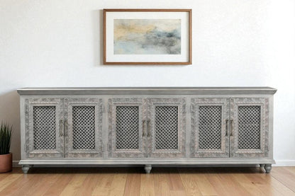 111" Gray Distressed Solid Wood Carved Floral Sideboard with Six Doors HomeRoots