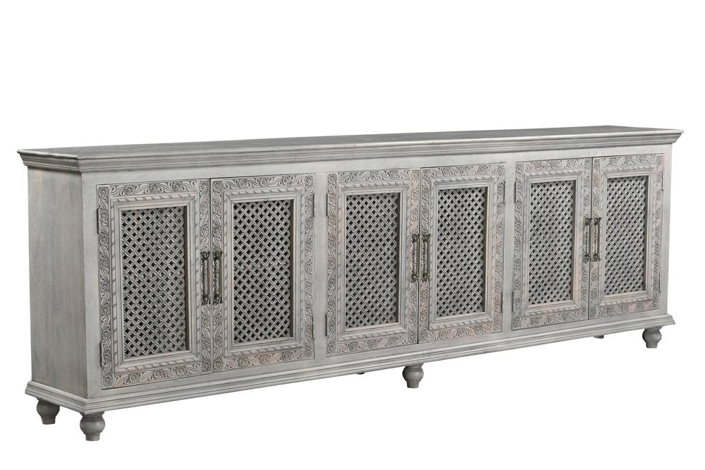 111" Gray Distressed Solid Wood Carved Floral Sideboard with Six Doors HomeRoots