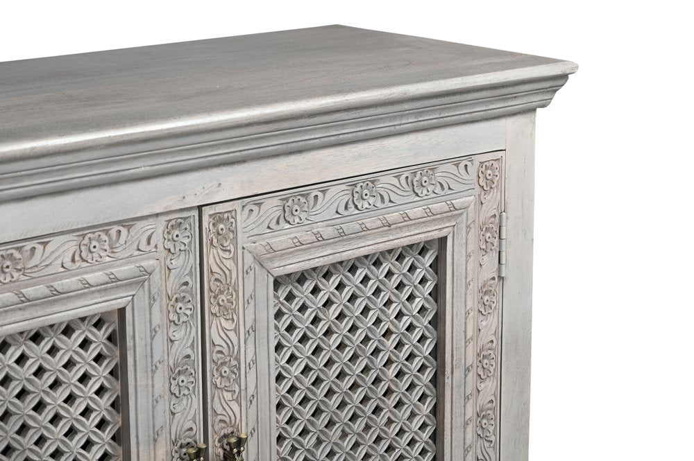 111" Gray Distressed Solid Wood Carved Floral Sideboard with Six Doors HomeRoots