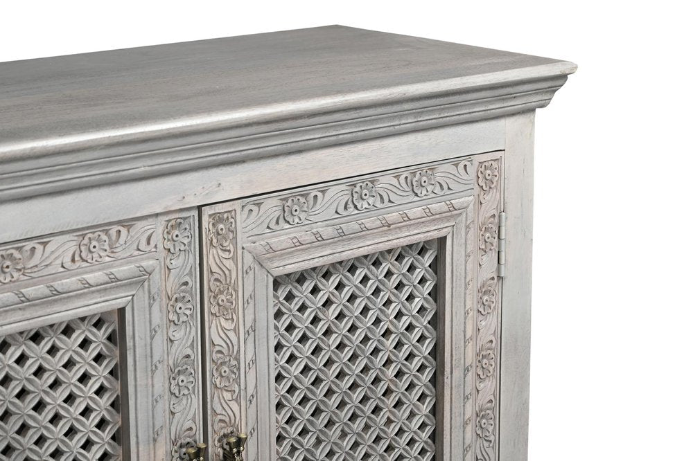 111" Gray Distressed Solid Wood Carved Floral Sideboard with Six Doors HomeRoots