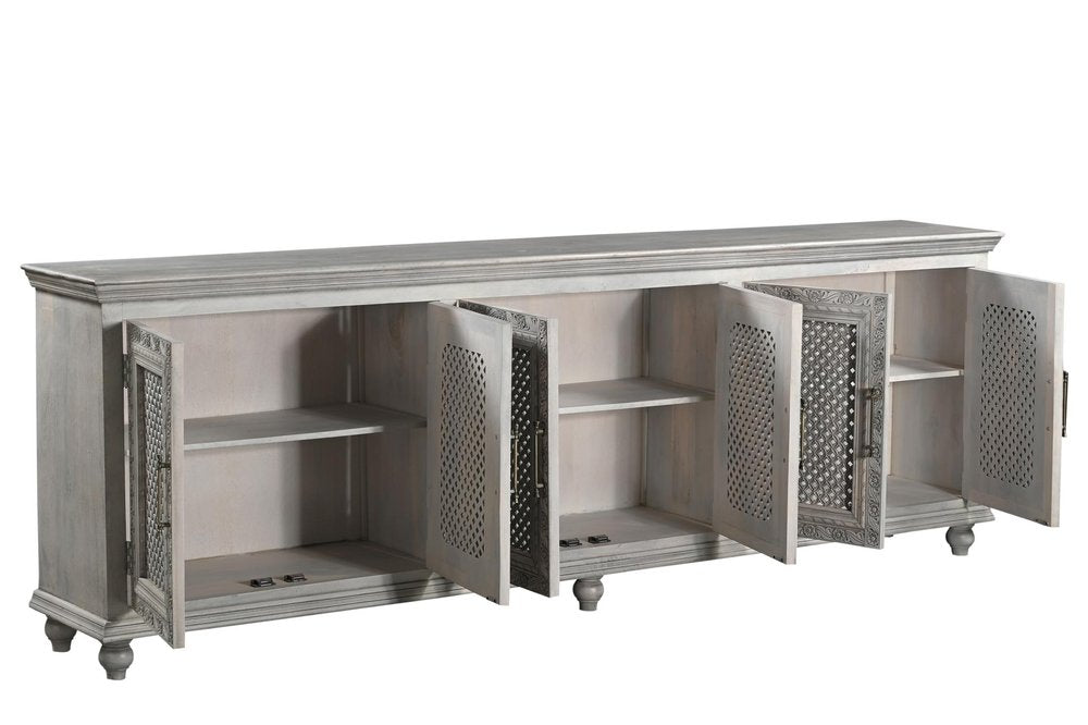 111" Gray Distressed Solid Wood Carved Floral Sideboard with Six Doors HomeRoots