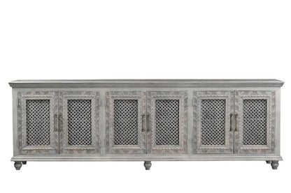 111" Gray Distressed Solid Wood Carved Floral Sideboard with Six Doors HomeRoots
