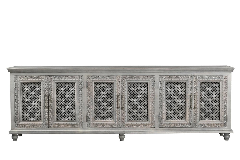 111" Gray Distressed Solid Wood Carved Floral Sideboard with Six Doors HomeRoots