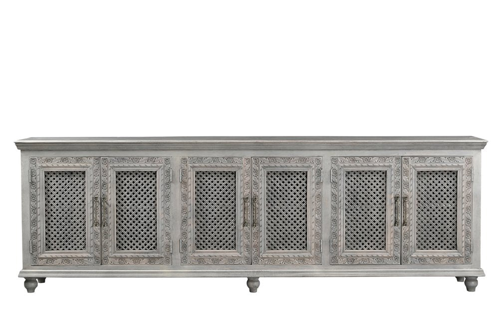 111" Gray Distressed Solid Wood Carved Floral Sideboard with Six Doors HomeRoots