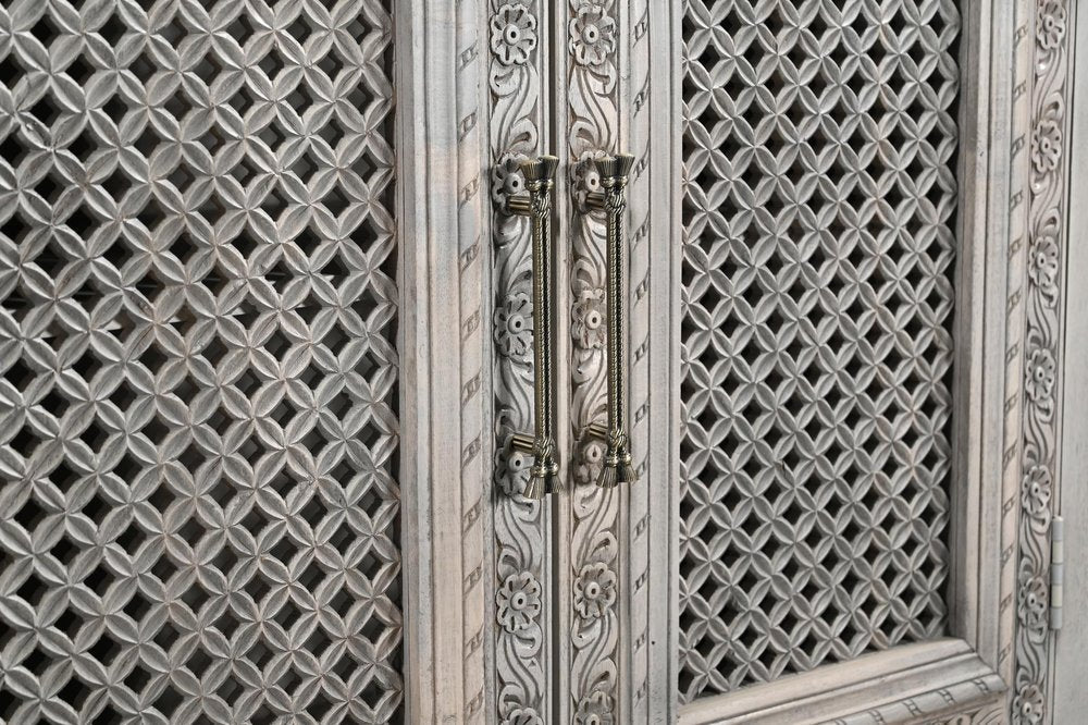 111" Gray Distressed Solid Wood Carved Floral Sideboard with Six Doors HomeRoots