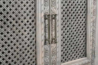 111" Gray Distressed Solid Wood Carved Floral Sideboard with Six Doors HomeRoots