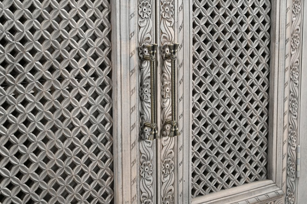 111" Gray Distressed Solid Wood Carved Floral Sideboard with Six Doors HomeRoots