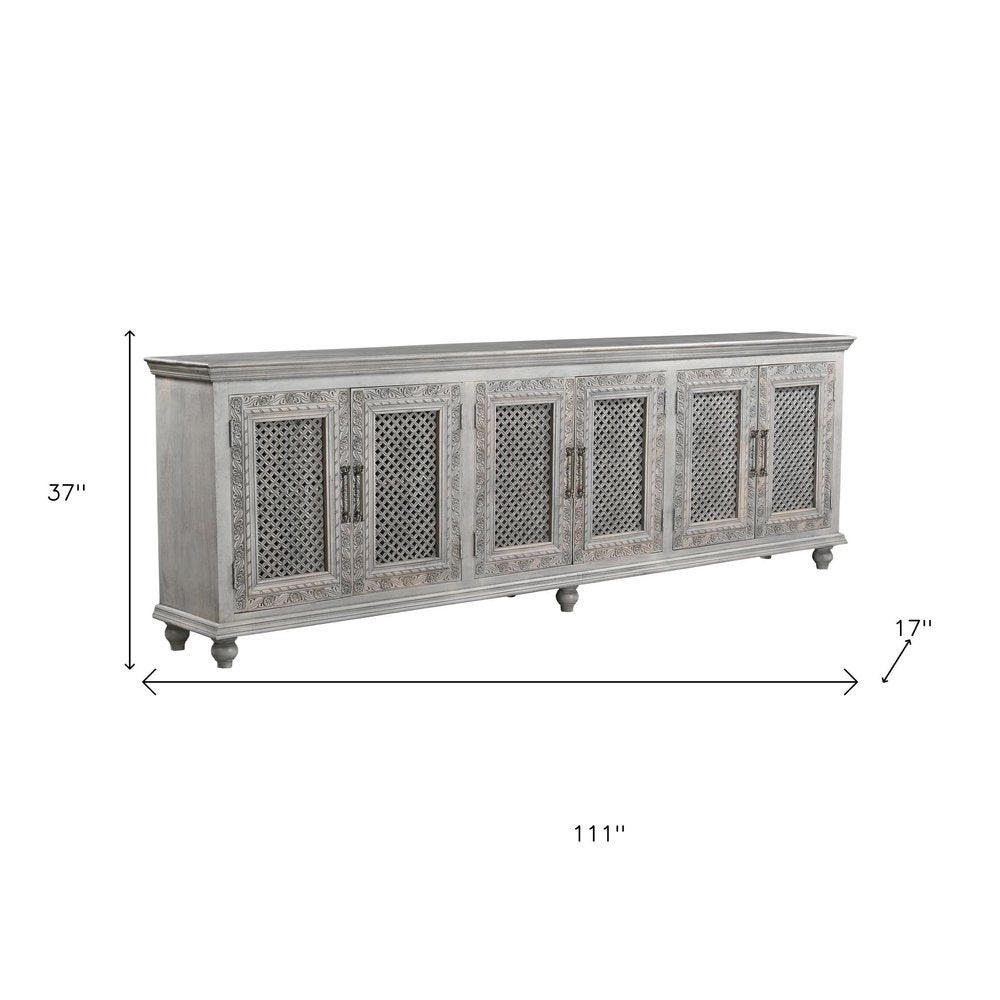 111" Gray Distressed Solid Wood Carved Floral Sideboard with Six Doors HomeRoots