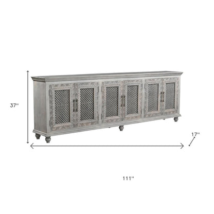 111" Gray Distressed Solid Wood Carved Floral Sideboard with Six Doors HomeRoots
