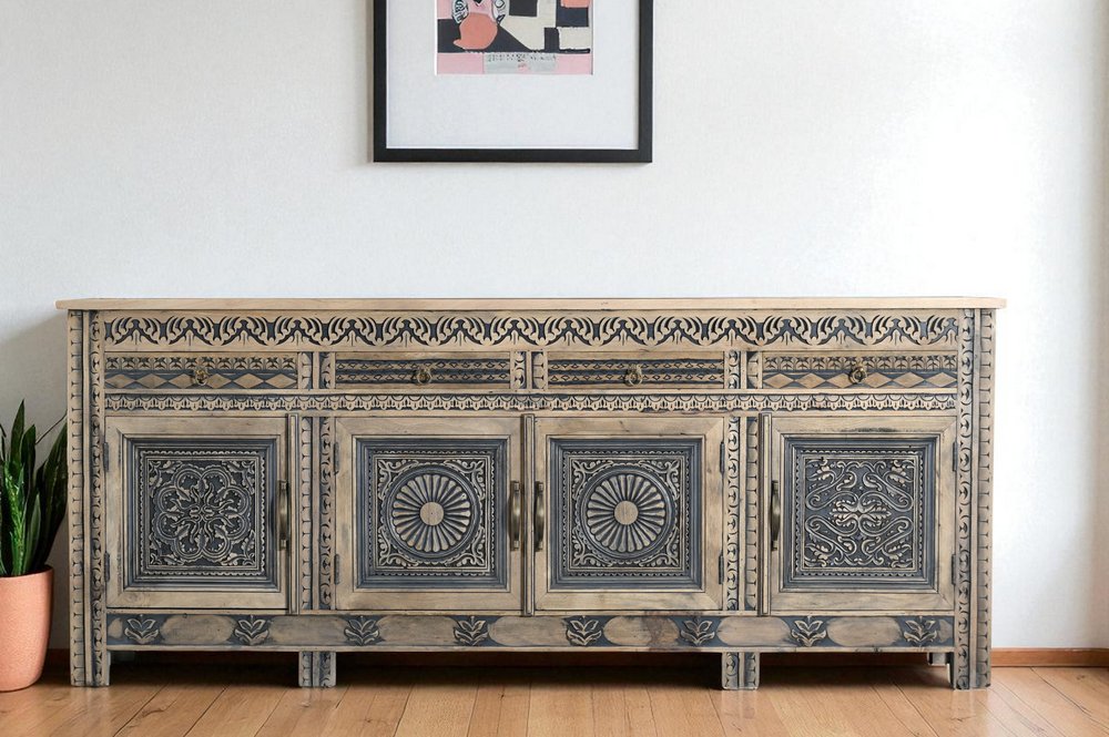 102" Natural And Black Distressed Solid Wood Carved Geometric Four Drawer Sideboard HomeRoots