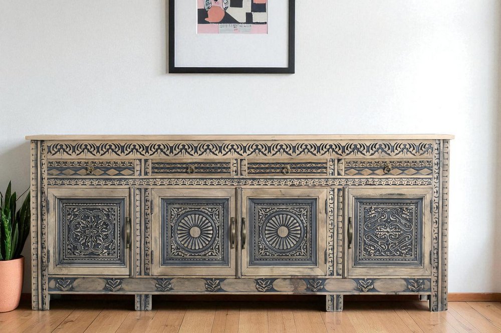 102" Natural And Black Distressed Solid Wood Carved Geometric Four Drawer Sideboard HomeRoots