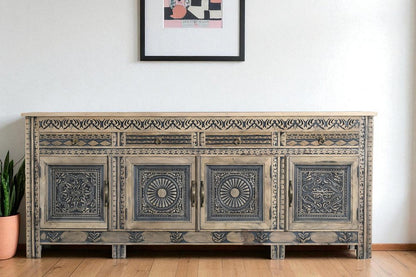102" Natural And Black Distressed Solid Wood Carved Geometric Four Drawer Sideboard HomeRoots