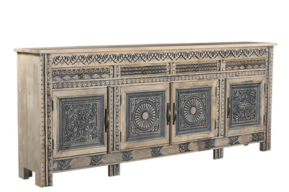 102" Natural And Black Distressed Solid Wood Carved Geometric Four Drawer Sideboard HomeRoots