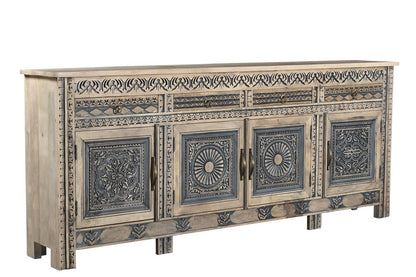 102" Natural And Black Distressed Solid Wood Carved Geometric Four Drawer Sideboard HomeRoots