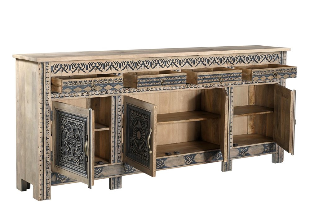102" Natural And Black Distressed Solid Wood Carved Geometric Four Drawer Sideboard HomeRoots