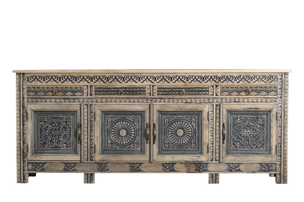102" Natural And Black Distressed Solid Wood Carved Geometric Four Drawer Sideboard HomeRoots