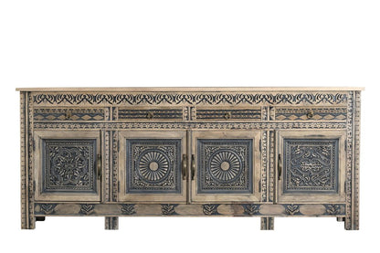 102" Natural And Black Distressed Solid Wood Carved Geometric Four Drawer Sideboard HomeRoots