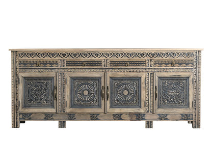 102" Natural And Black Distressed Solid Wood Carved Geometric Four Drawer Sideboard HomeRoots