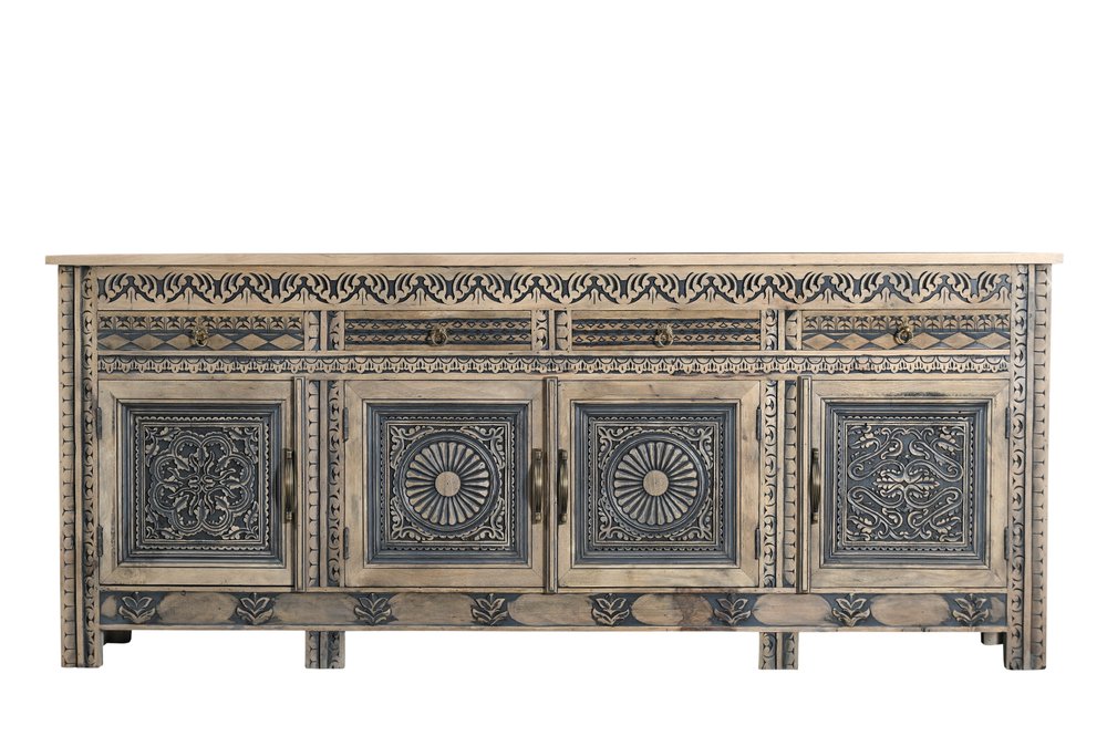102" Natural And Black Distressed Solid Wood Carved Geometric Four Drawer Sideboard HomeRoots
