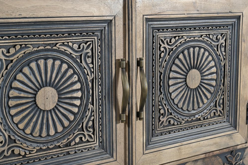 102" Natural And Black Distressed Solid Wood Carved Geometric Four Drawer Sideboard HomeRoots