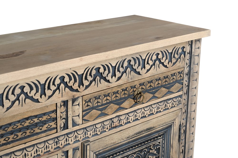 102" Natural And Black Distressed Solid Wood Carved Geometric Four Drawer Sideboard HomeRoots