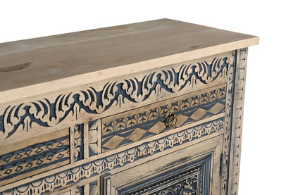 102" Natural And Black Distressed Solid Wood Carved Geometric Four Drawer Sideboard HomeRoots