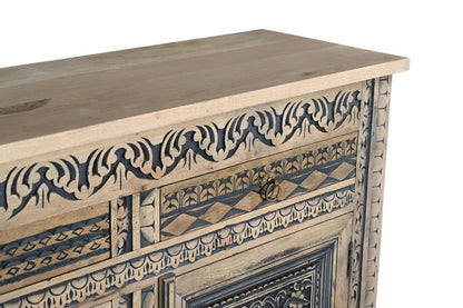102" Natural And Black Distressed Solid Wood Carved Geometric Four Drawer Sideboard HomeRoots