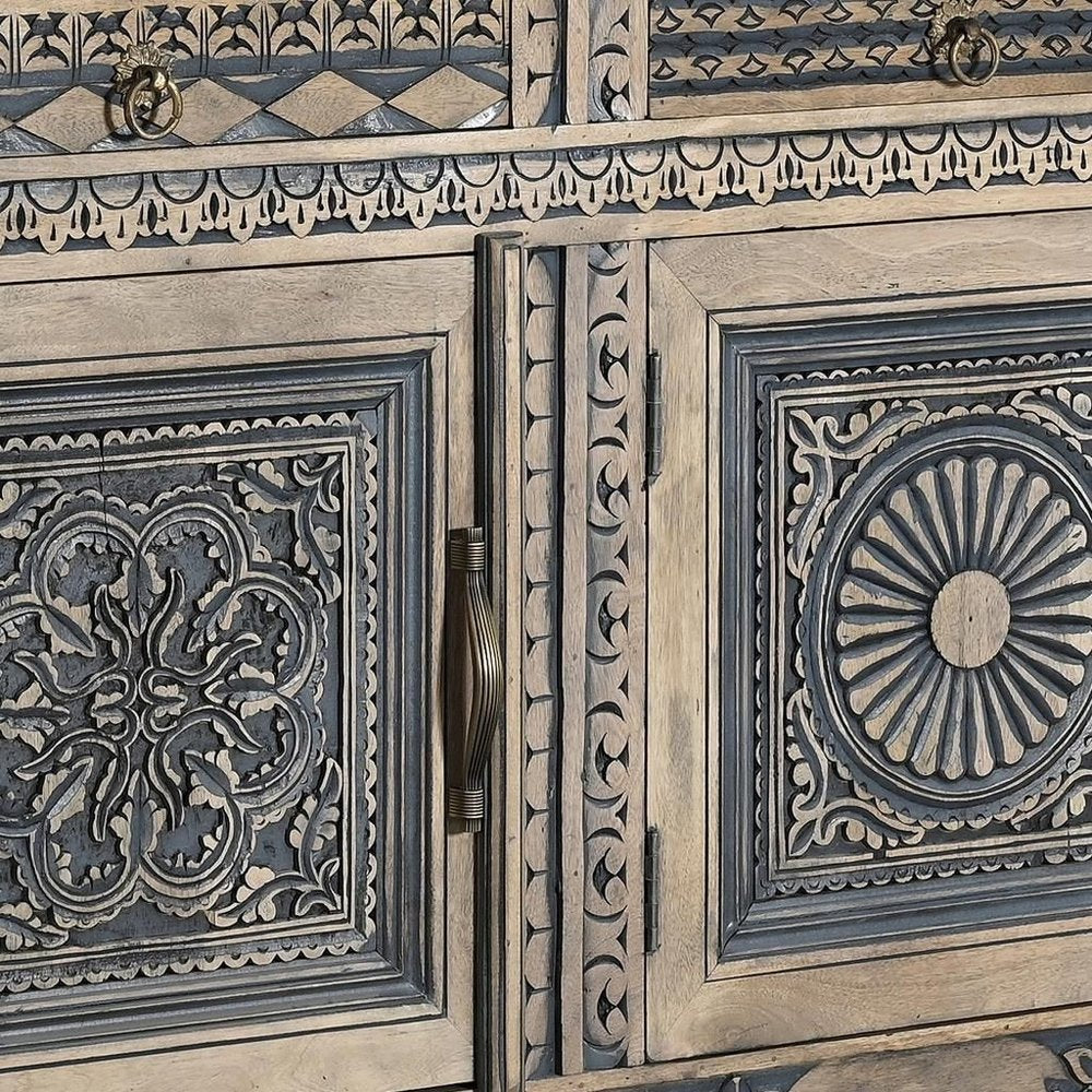 102" Natural And Black Distressed Solid Wood Carved Geometric Four Drawer Sideboard HomeRoots