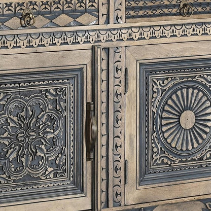 102" Natural And Black Distressed Solid Wood Carved Geometric Four Drawer Sideboard HomeRoots
