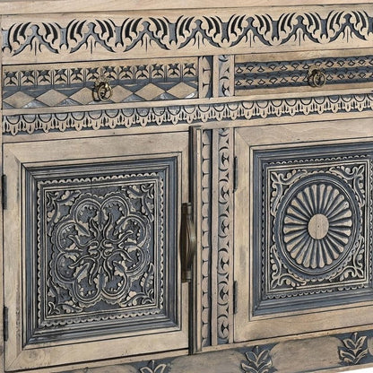 102" Natural And Black Distressed Solid Wood Carved Geometric Four Drawer Sideboard HomeRoots