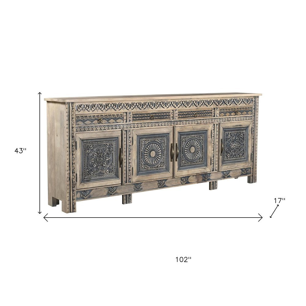 102" Natural And Black Distressed Solid Wood Carved Geometric Four Drawer Sideboard HomeRoots
