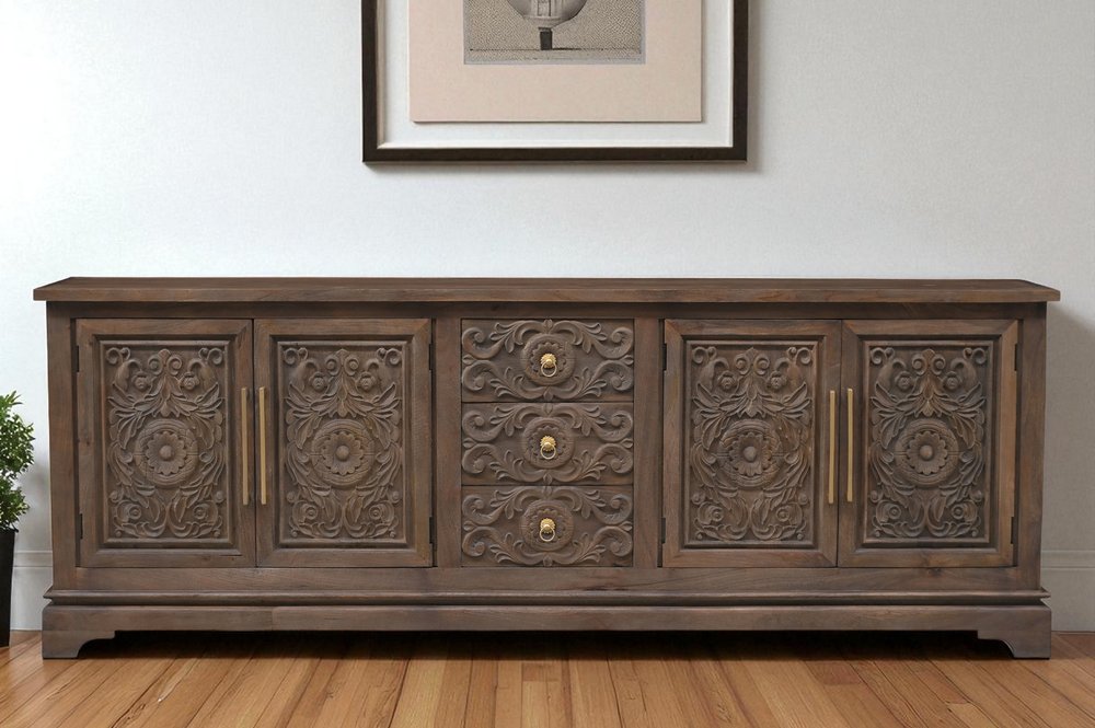 106" Brown Distressed Solid Wood Carved Floral Three Drawer Sideboard with Four Doors HomeRoots
