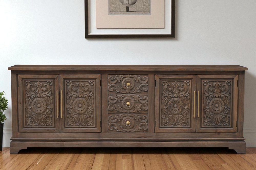106" Brown Distressed Solid Wood Carved Floral Three Drawer Sideboard with Four Doors HomeRoots