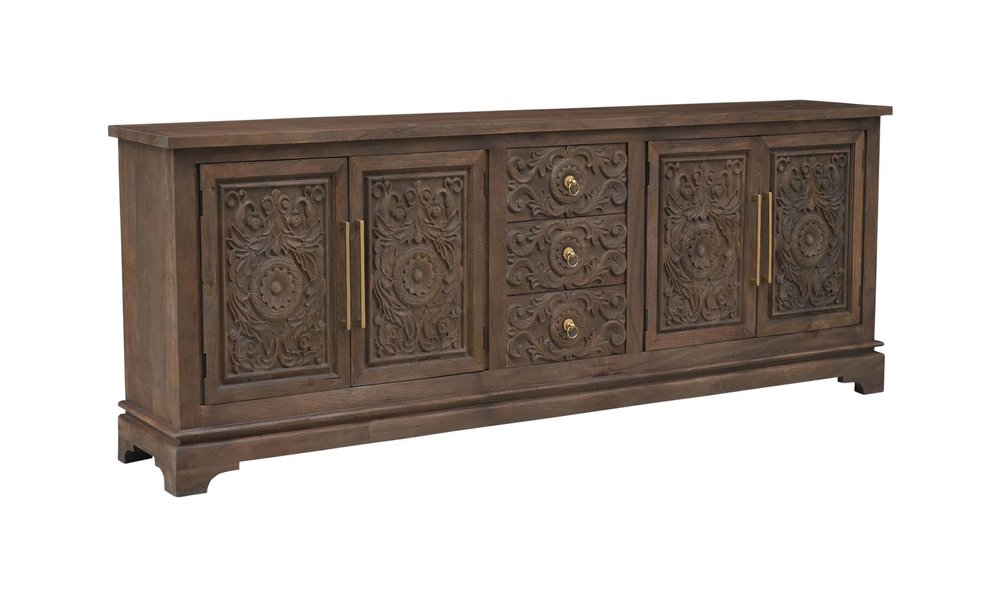 106" Brown Distressed Solid Wood Carved Floral Three Drawer Sideboard with Four Doors HomeRoots