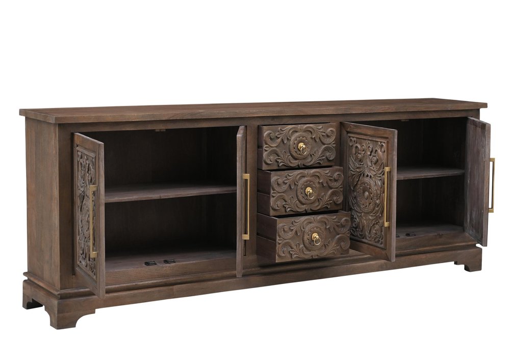 106" Brown Distressed Solid Wood Carved Floral Three Drawer Sideboard with Four Doors HomeRoots
