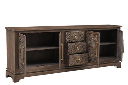 106" Brown Distressed Solid Wood Carved Floral Three Drawer Sideboard with Four Doors HomeRoots