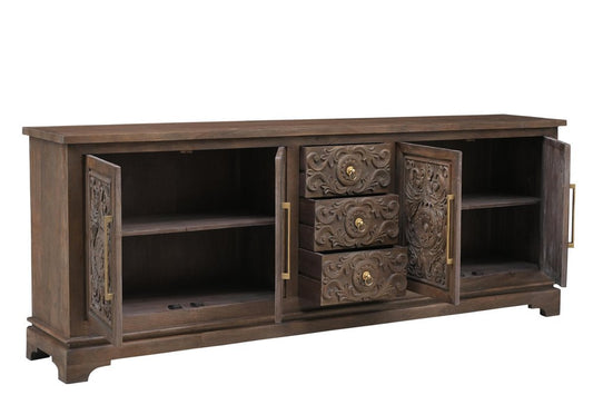 106" Brown Distressed Solid Wood Carved Floral Three Drawer Sideboard with Four Doors HomeRoots