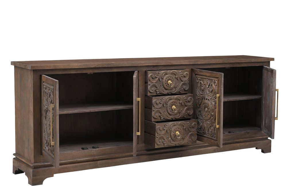106" Brown Distressed Solid Wood Carved Floral Three Drawer Sideboard with Four Doors HomeRoots