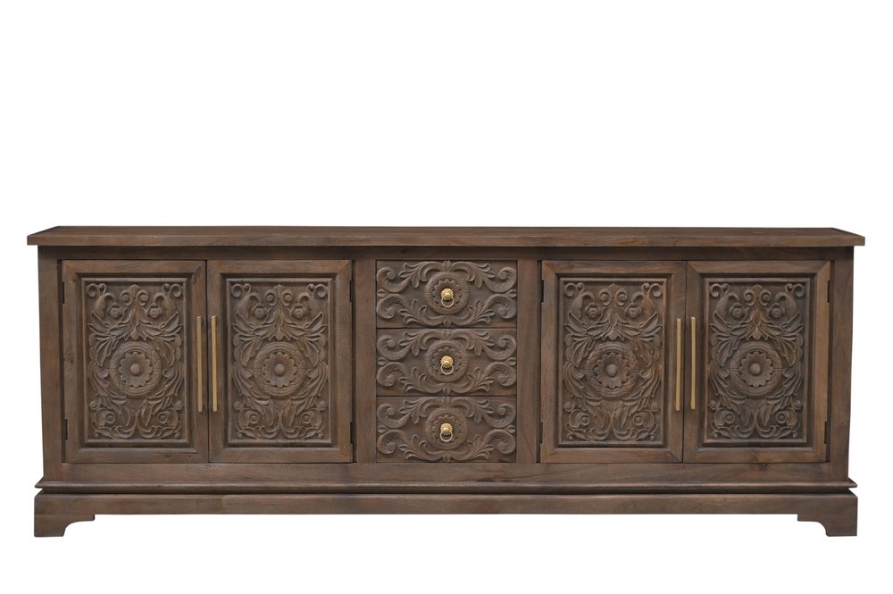 106" Brown Distressed Solid Wood Carved Floral Three Drawer Sideboard with Four Doors HomeRoots