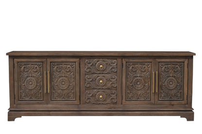 106" Brown Distressed Solid Wood Carved Floral Three Drawer Sideboard with Four Doors HomeRoots