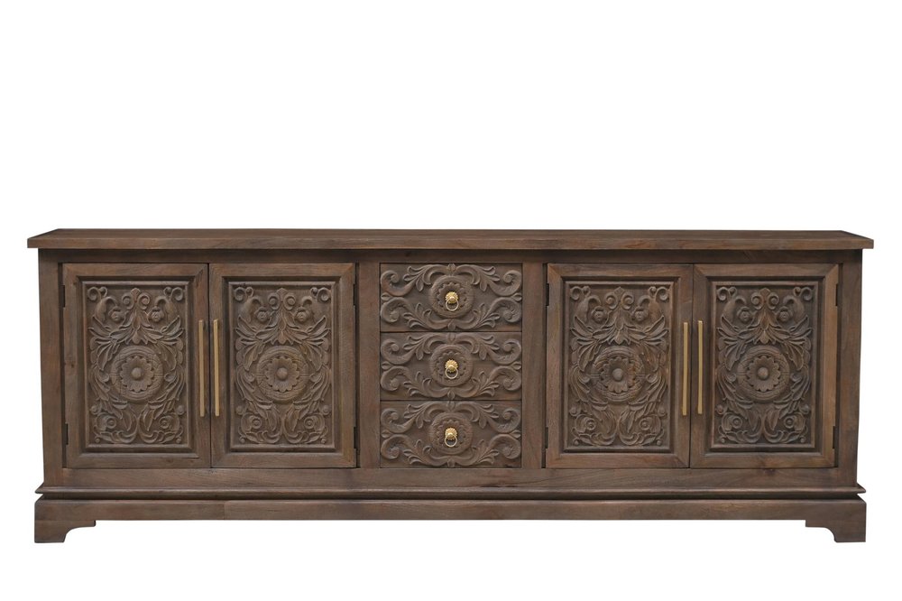 106" Brown Distressed Solid Wood Carved Floral Three Drawer Sideboard with Four Doors HomeRoots