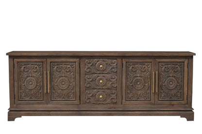 106" Brown Distressed Solid Wood Carved Floral Three Drawer Sideboard with Four Doors HomeRoots
