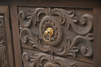 106" Brown Distressed Solid Wood Carved Floral Three Drawer Sideboard with Four Doors HomeRoots