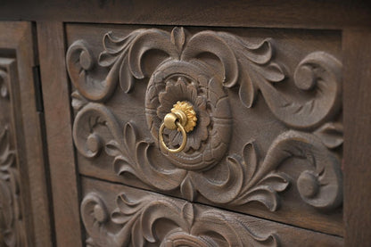106" Brown Distressed Solid Wood Carved Floral Three Drawer Sideboard with Four Doors HomeRoots